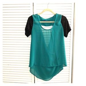 Sheer, teal shirt